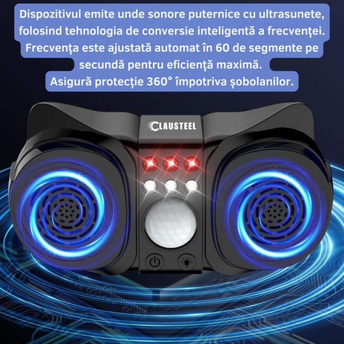 Aparat profesional cu ultrasunete CLAUSTEEL cu 2 difuzoare, 12 lumini intermitente, senzor PIR, anti rozatoare, anti sobolani, anti insecte, frecventa 20kHz-65kHz, acoperire 360°, raza 350 MP, Negru T [5]