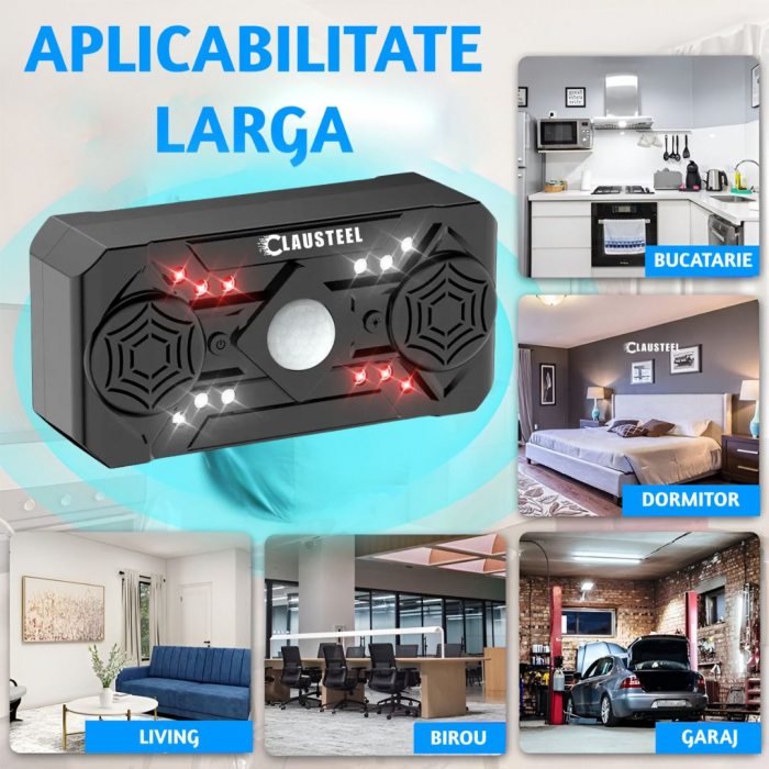 Aparat profesional cu ultrasunete CLAUSTEEL cu 2 difuzoare, 12 lumini intermitente, senzor PIR, anti rozatoare, anti sobolani, anti insecte, frecventa 20kHz-65kHz, acoperire 360°, raza 320 MP, Negru L [10]