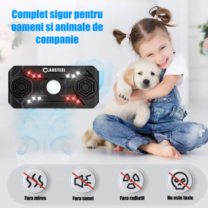 Aparat profesional cu ultrasunete CLAUSTEEL cu 2 difuzoare, 12 lumini intermitente, senzor PIR, anti rozatoare, anti sobolani, anti insecte, frecventa 20kHz-65kHz, acoperire 360°, raza 320 MP, Negru L [7]