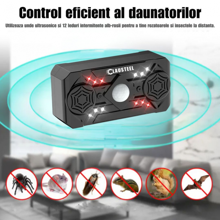 Aparat profesional cu ultrasunete CLAUSTEEL cu 2 difuzoare, 12 lumini intermitente, senzor PIR, anti rozatoare, anti sobolani, anti insecte, frecventa 20kHz-65kHz, acoperire 360°, raza 320 MP, Negru L [6]