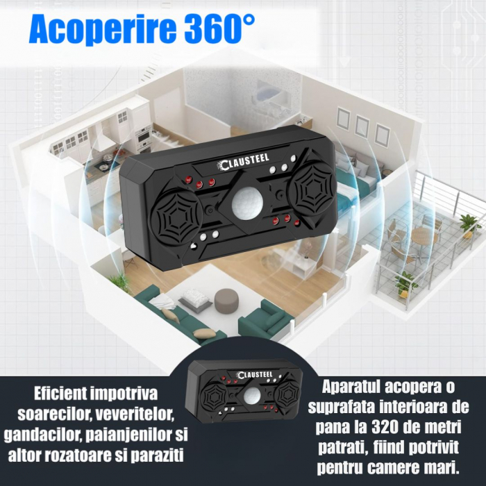 Aparat profesional cu ultrasunete CLAUSTEEL cu 2 difuzoare, 12 lumini intermitente, senzor PIR, anti rozatoare, anti sobolani, anti insecte, frecventa 20kHz-65kHz, acoperire 360°, raza 320 MP, Negru L [3]