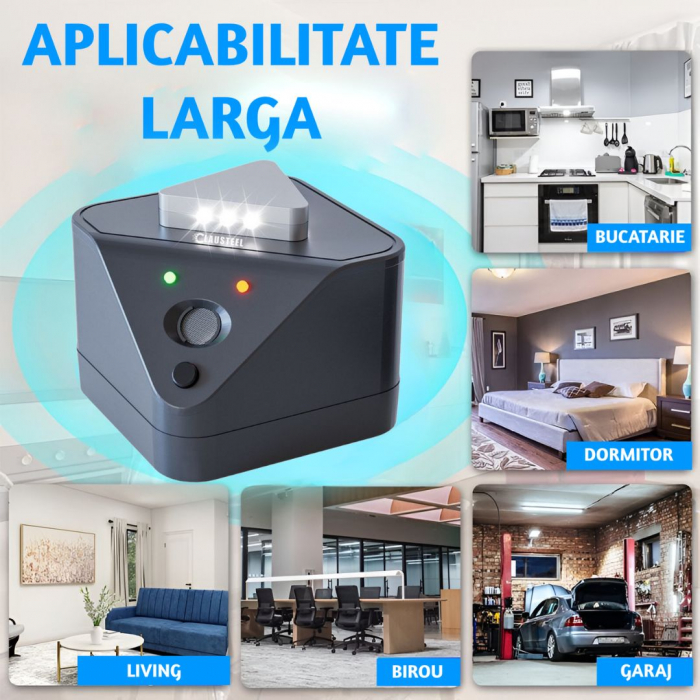 Aparat profesional cu ultrasunete CLAUSTEEL cu 2 difuzoare, 9 lumini intermitente, anti rozatoare, anti sobolani, anti insecte, frecventa 20kHz-65kHz, acoperire 360°, raza 400 MP, Negru melange [9]