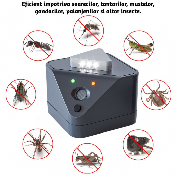 Aparat profesional cu ultrasunete CLAUSTEEL cu 2 difuzoare, 9 lumini intermitente, anti rozatoare, anti sobolani, anti insecte, frecventa 20kHz-65kHz, acoperire 360°, raza 400 MP, Negru melange [2]