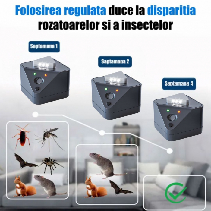 Aparat profesional cu ultrasunete CLAUSTEEL cu 2 difuzoare, 9 lumini intermitente, anti rozatoare, anti sobolani, anti insecte, frecventa 20kHz-65kHz, acoperire 360°, raza 400 MP, Negru melange [8]