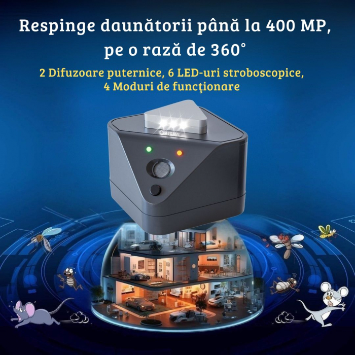 Aparat profesional cu ultrasunete CLAUSTEEL cu 2 difuzoare, 9 lumini intermitente, anti rozatoare, anti sobolani, anti insecte, frecventa 20kHz-65kHz, acoperire 360°, raza 400 MP, Negru melange [4]