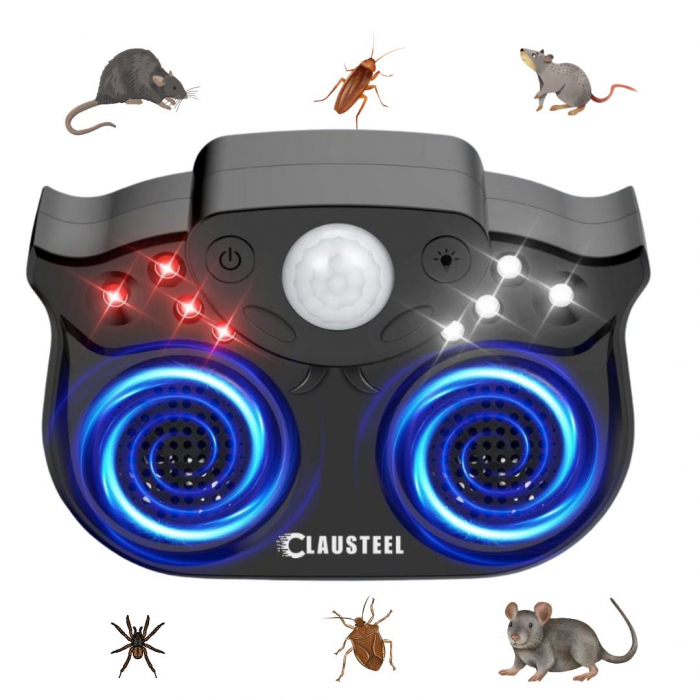 Aparat profesional cu ultrasunete CLAUSTEEL cu 2 difuzoare duble, 8 lumini intermitente, senzor PIR, anti rozatoare, anti sobolani, anti insecte, frecventa 20kHz-65kHz, acoperire 360°, raza 320 MP, Ne [1]