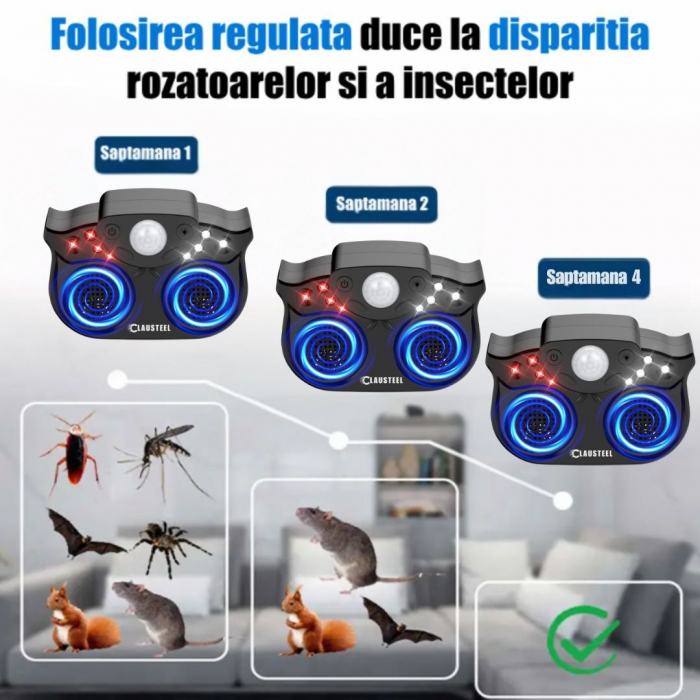 Aparat profesional cu ultrasunete CLAUSTEEL cu 2 difuzoare duble, 8 lumini intermitente, senzor PIR, anti rozatoare, anti sobolani, anti insecte, frecventa 20kHz-65kHz, acoperire 360°, raza 320 MP, Ne [7]