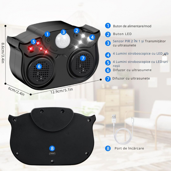 Aparat profesional cu ultrasunete CLAUSTEEL cu 2 difuzoare duble, 8 lumini intermitente, senzor PIR, anti rozatoare, anti sobolani, anti insecte, frecventa 20kHz-65kHz, acoperire 360°, raza 320 MP, Ne [6]