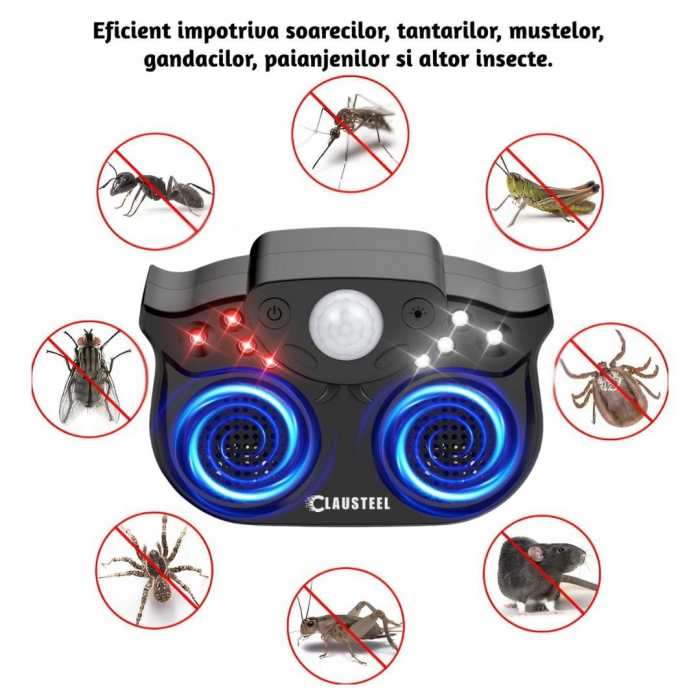 Aparat profesional cu ultrasunete CLAUSTEEL cu 2 difuzoare duble, 8 lumini intermitente, senzor PIR, anti rozatoare, anti sobolani, anti insecte, frecventa 20kHz-65kHz, acoperire 360°, raza 320 MP, Ne [2]