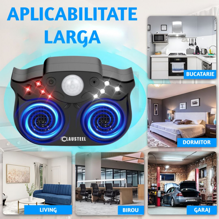 Aparat profesional cu ultrasunete CLAUSTEEL cu 2 difuzoare duble, 8 lumini intermitente, senzor PIR, anti rozatoare, anti sobolani, anti insecte, frecventa 20kHz-65kHz, acoperire 360°, raza 320 MP, Ne [8]