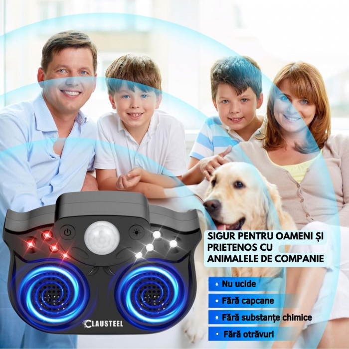 Aparat profesional cu ultrasunete CLAUSTEEL cu 2 difuzoare duble, 8 lumini intermitente, senzor PIR, anti rozatoare, anti sobolani, anti insecte, frecventa 20kHz-65kHz, acoperire 360°, raza 320 MP, Ne [5]
