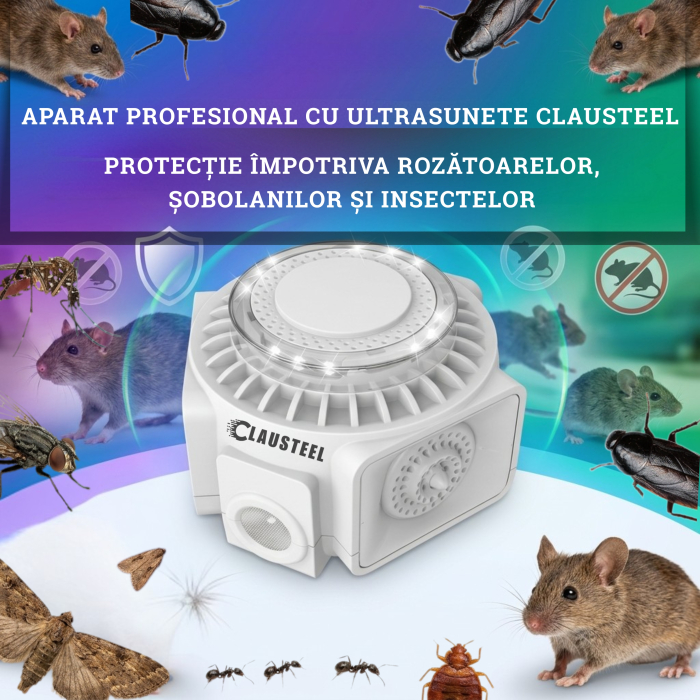 Aparat profesional cu ultrasunete CLAUSTEEL cu 3 difuzoare si lumini intermitente, anti insecte, anti rozatoare, anti sobolani, frecventa variabila in functie de daunatori, 25kHz-65kHz, raza 300MP, ac [5]