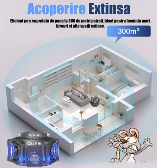 Aparat profesional cu ultrasunete CLAUSTEEL cu 4 difuzoare si lumini intermitente, anti insecte, anti rozatoare, anti sobolani, frecventa variabila in functie de daunatori, 25kHz-65kHz, raza 300MP, ac [4]