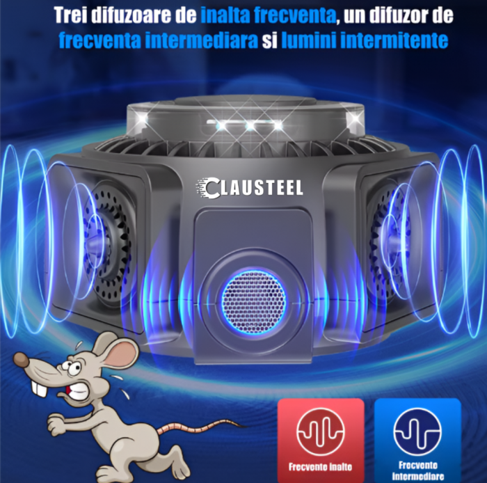 Aparat profesional cu ultrasunete CLAUSTEEL cu 4 difuzoare si lumini intermitente, anti insecte, anti rozatoare, anti sobolani, frecventa variabila in functie de daunatori, 25kHz-65kHz, raza 300MP, ac [3]