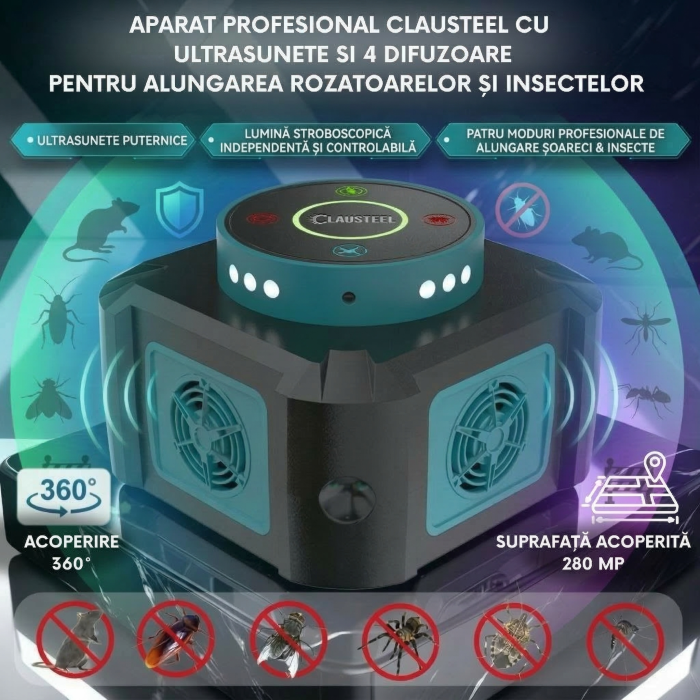 Aparat profesional cu ultrasunete CLAUSTEEL cu 4 difuzoare si lumini intermitente, anti insecte, anti rozatoare, anti sobolani, furnici, gandaci, frecventa variabila in functie de daunatori, 25kHz-65k [2]