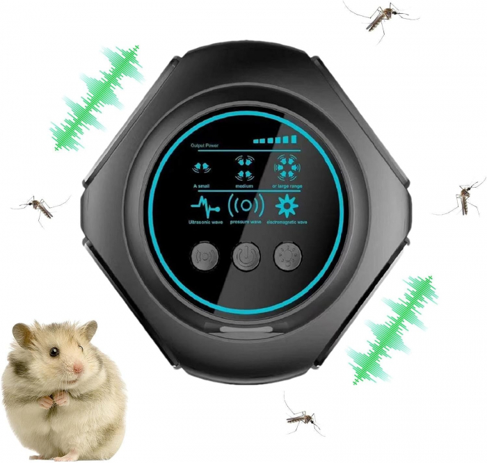 Aparat profesional cu ultrasunete CLAUSTEEL cu 4 difuzoare si lumini intermitente, anti rozatoare, anti sobolani, anti insecte, frecventa 20kHz-65kHz, afisaj digital, acoperire 360°, raza 320 MP [8]