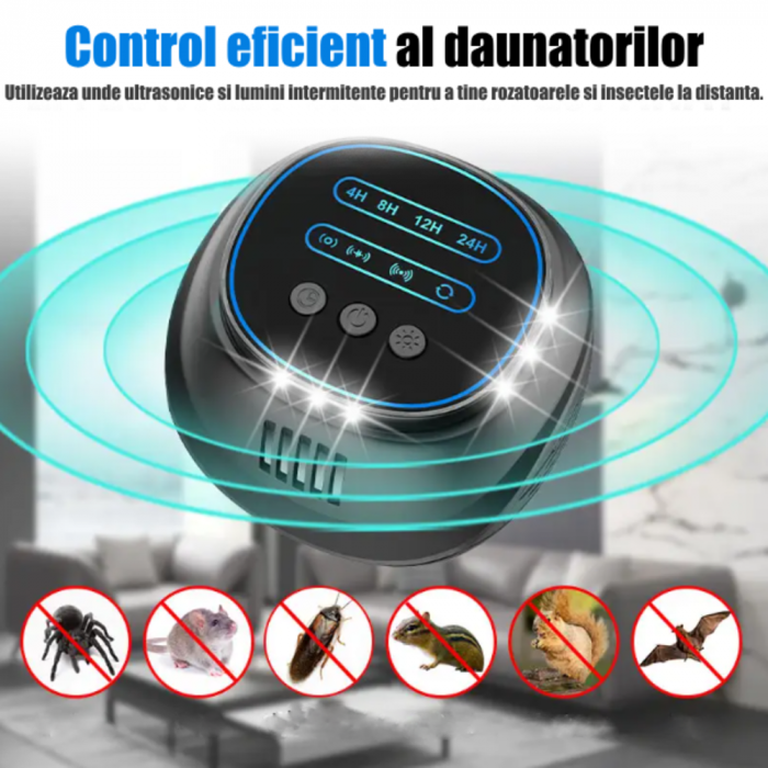 Aparat profesional cu ultrasunete CLAUSTEEL cu difuzoare si lumini intermitente, anti rozatoare, anti sobolani, anti insecte, frecventa 20kHz-65kHz, afisaj digital, acoperire 360°, raza 300 MP, Negru [2]