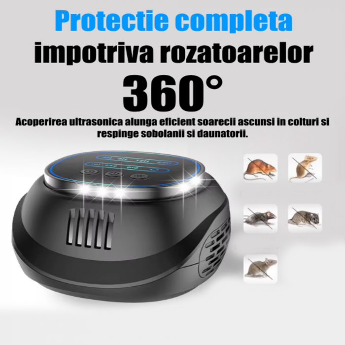 Aparat profesional cu ultrasunete CLAUSTEEL cu difuzoare si lumini intermitente, anti rozatoare, anti sobolani, anti insecte, frecventa 20kHz-65kHz, afisaj digital, acoperire 360°, raza 300 MP, Negru [7]