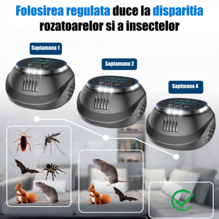 Aparat profesional cu ultrasunete CLAUSTEEL cu difuzoare si lumini intermitente, anti rozatoare, anti sobolani, anti insecte, frecventa 20kHz-65kHz, afisaj digital, acoperire 360°, raza 300 MP, Negru [6]