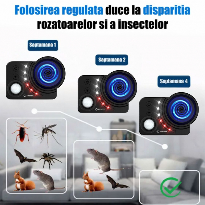 Aparat profesional cu ultrasunete CLAUSTEEL, difuzor cu ultrasunete double, 6 lumini intermitente, senzor PIR, anti rozatoare, anti sobolani, anti insecte, frecventa 20kHz-65kHz, acoperire 360°, raza [5]