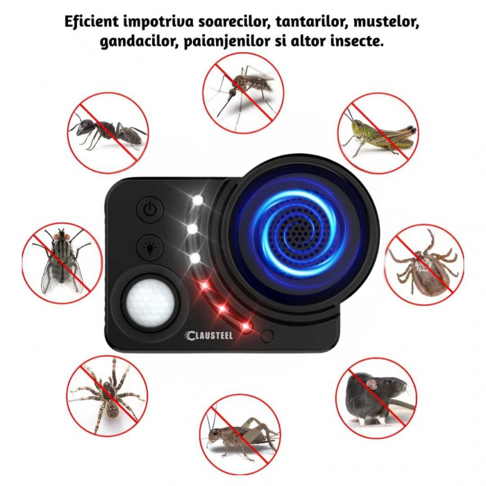 Aparat profesional cu ultrasunete CLAUSTEEL, difuzor cu ultrasunete double, 6 lumini intermitente, senzor PIR, anti rozatoare, anti sobolani, anti insecte, frecventa 20kHz-65kHz, acoperire 360°, raza [2]