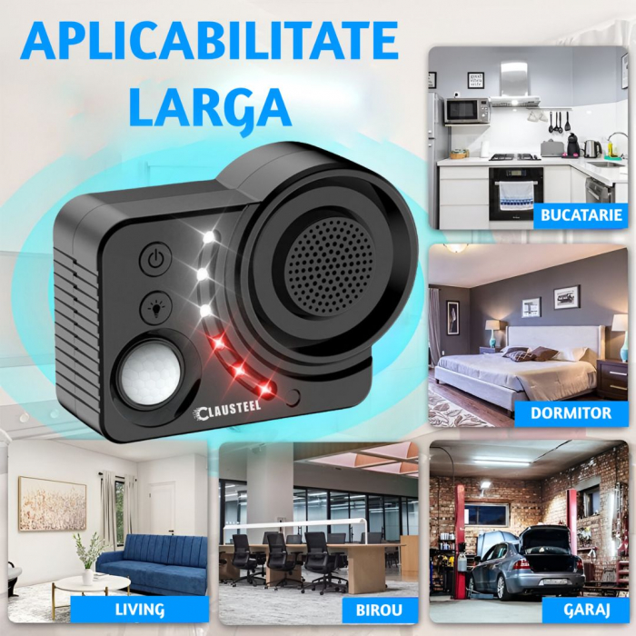 Aparat profesional cu ultrasunete CLAUSTEEL, difuzor cu ultrasunete double, 6 lumini intermitente, senzor PIR, anti rozatoare, anti sobolani, anti insecte, frecventa 20kHz-65kHz, acoperire 360°, raza [9]