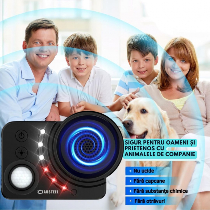 Aparat profesional cu ultrasunete CLAUSTEEL, difuzor cu ultrasunete double, 6 lumini intermitente, senzor PIR, anti rozatoare, anti sobolani, anti insecte, frecventa 20kHz-65kHz, acoperire 360°, raza [6]