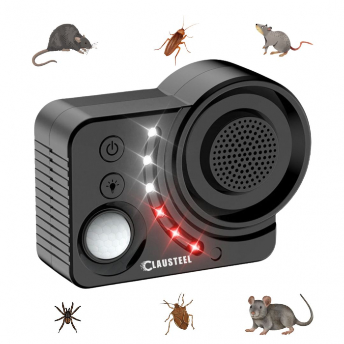 Aparat profesional cu ultrasunete CLAUSTEEL, difuzor cu ultrasunete double, 6 lumini intermitente, senzor PIR, anti rozatoare, anti sobolani, anti insecte, frecventa 20kHz-65kHz, acoperire 360°, raza [1]