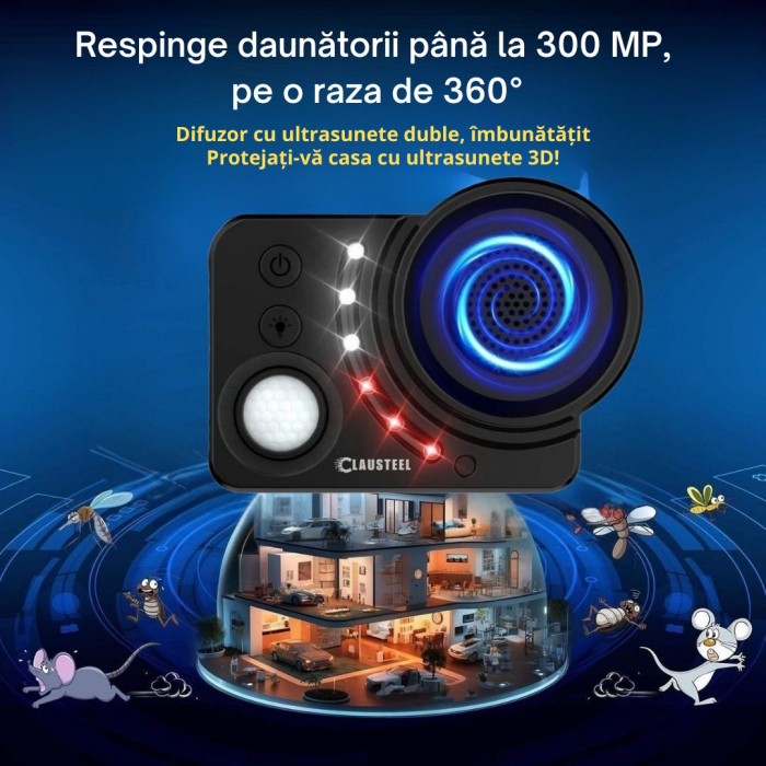 Aparat profesional cu ultrasunete CLAUSTEEL, difuzor cu ultrasunete double, 6 lumini intermitente, senzor PIR, anti rozatoare, anti sobolani, anti insecte, frecventa 20kHz-65kHz, acoperire 360°, raza [4]