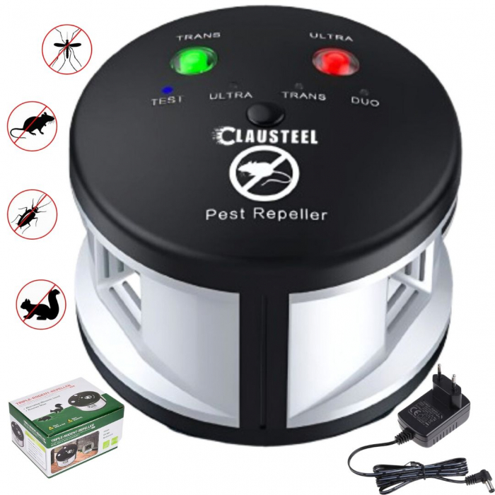 Aparat profesional cu ultrasunete CLAUSTEEL Duo Pest Repeller, anti rozatoare, anti sobolani, anti insecte, frecventa 20kHz-65kHz, acoperire 360°, Acoperire 550 MP [1]