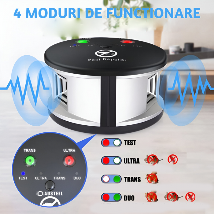 Aparat profesional cu ultrasunete CLAUSTEEL Duo Pest Repeller, anti rozatoare, anti sobolani, anti insecte, frecventa 20kHz-65kHz, acoperire 360°, Acoperire 550 MP [4]