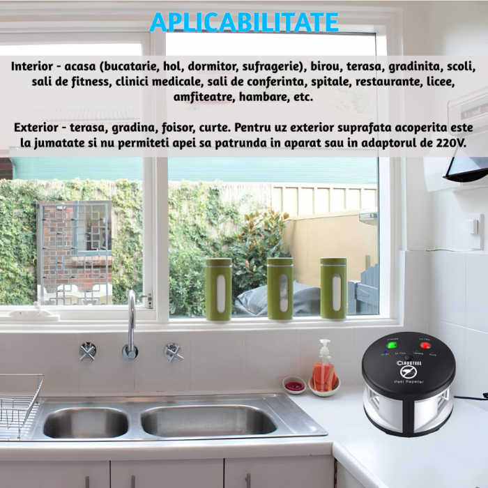 Aparat profesional cu ultrasunete CLAUSTEEL Duo Pest Repeller, anti rozatoare, anti sobolani, anti insecte, frecventa 20kHz-65kHz, acoperire 360°, Acoperire 550 MP [5]