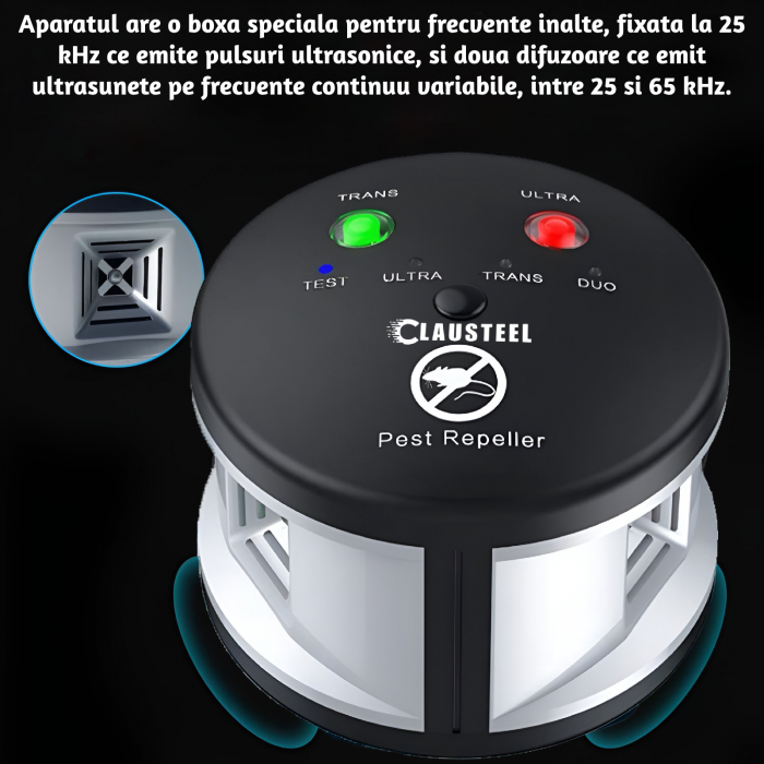 Aparat profesional cu ultrasunete CLAUSTEEL Duo Pest Repeller, anti rozatoare, anti sobolani, anti insecte, frecventa 20kHz-65kHz, acoperire 360°, Acoperire 550 MP [10]