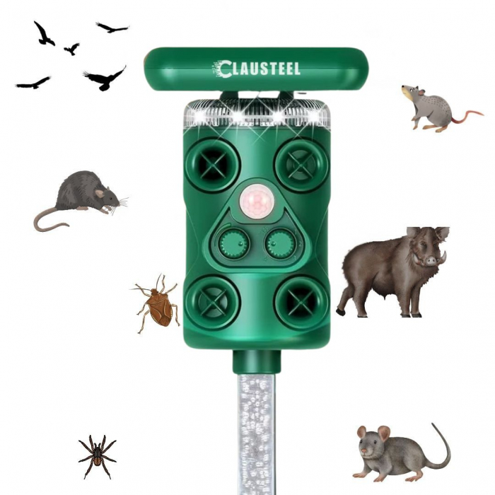 Aparat profesional cu ultrasunete si panou solar CLAUSTEEL 3in1, 4 difuzoare, Flashuri LED, senzor de miscare si lumina, anti rozatoare, sobolani, dihori, pasari, reptile, caini, pisici, animale salba [1]