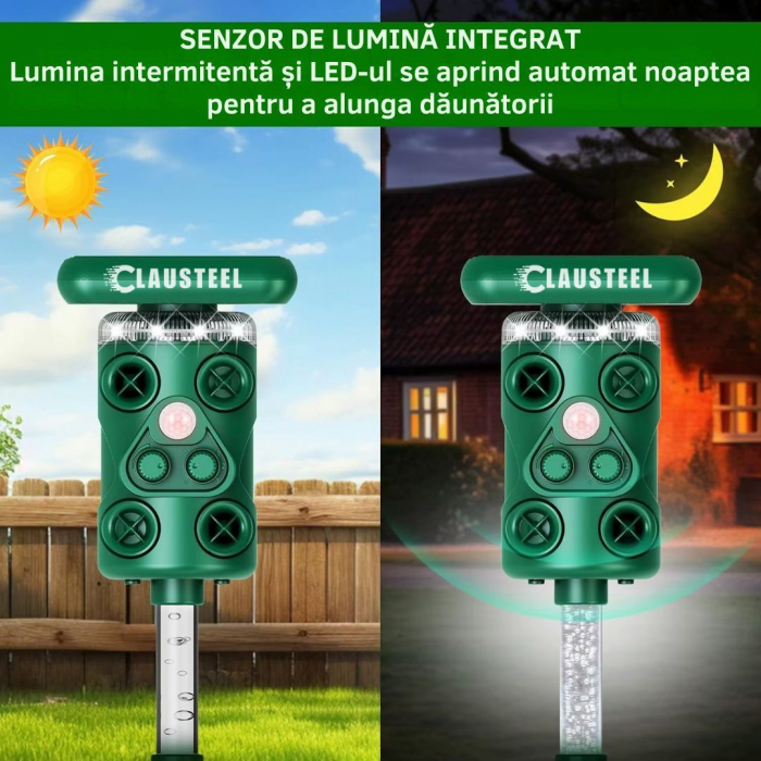 Aparat profesional cu ultrasunete si panou solar CLAUSTEEL 3in1, 4 difuzoare, Flashuri LED, senzor de miscare si lumina, anti rozatoare, sobolani, dihori, pasari, reptile, caini, pisici, animale salba [6]