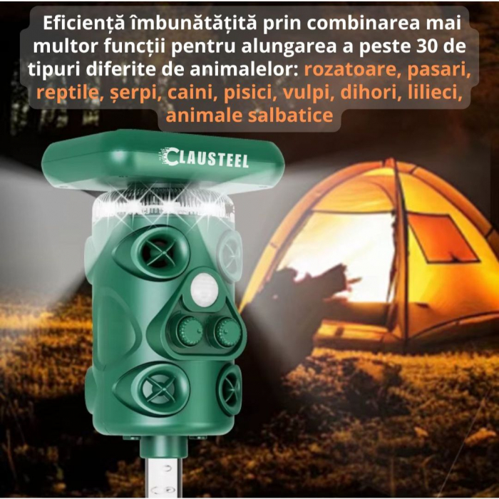 Aparat profesional cu ultrasunete si panou solar CLAUSTEEL 3in1, 4 difuzoare, Flashuri LED, senzor de miscare si lumina, anti rozatoare, sobolani, dihori, pasari, reptile, caini, pisici, animale salba [2]