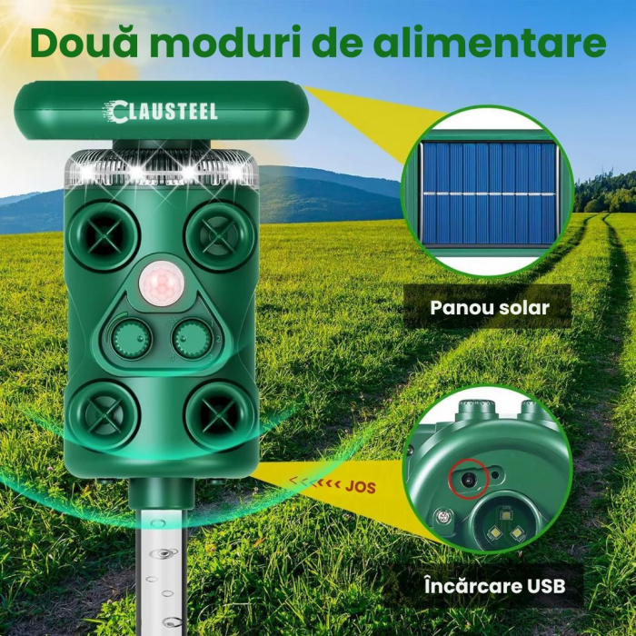Aparat profesional cu ultrasunete si panou solar CLAUSTEEL 3in1, 4 difuzoare, Flashuri LED, senzor de miscare si lumina, anti rozatoare, sobolani, dihori, pasari, reptile, caini, pisici, animale salba [9]