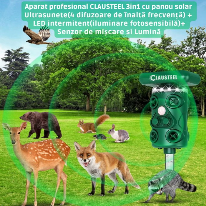 Aparat profesional cu ultrasunete si panou solar CLAUSTEEL 3in1, 4 difuzoare, Flashuri LED, senzor de miscare si lumina, anti rozatoare, sobolani, dihori, pasari, reptile, caini, pisici, animale salba [3]
