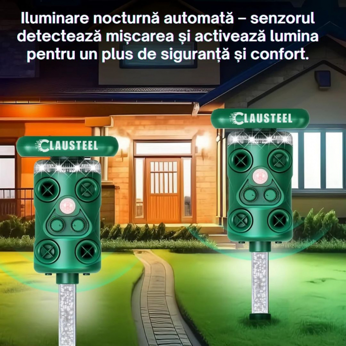 Aparat profesional cu ultrasunete si panou solar CLAUSTEEL 3in1, 4 difuzoare, Flashuri LED, senzor de miscare si lumina, anti rozatoare, sobolani, dihori, pasari, reptile, caini, pisici, animale salba [7]