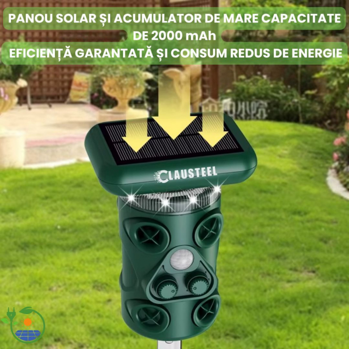Aparat profesional cu ultrasunete si panou solar CLAUSTEEL 3in1, 4 difuzoare, Flashuri LED, senzor de miscare si lumina, anti rozatoare, sobolani, dihori, pasari, reptile, caini, pisici, animale salba [5]
