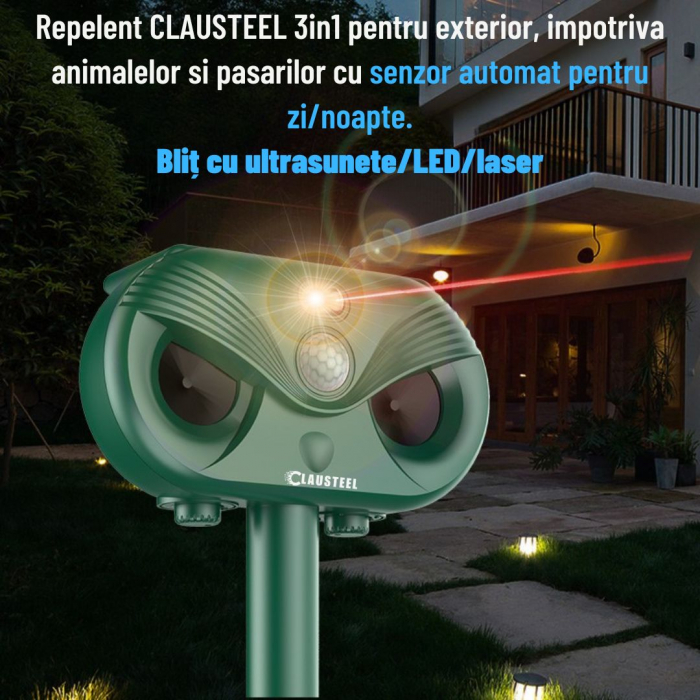 Aparat profesional cu ultrasunete si panou solar CLAUSTEEL 3in1, senzor infrarosu, lumini stroboscopice, anti rozatoare, anti sobolani, dihori, pasari, reptile, caini, pisici, animale salbatice, acope [5]