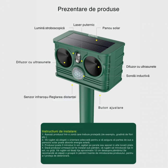 Aparat profesional cu ultrasunete si panou solar CLAUSTEEL 3in1, senzor infrarosu, lumini stroboscopice, anti rozatoare, anti sobolani, dihori, pasari, reptile, caini, pisici, animale salbatice, acope [9]