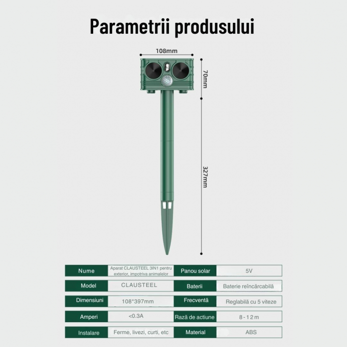 Aparat profesional cu ultrasunete si panou solar CLAUSTEEL 3in1, senzor infrarosu, lumini stroboscopice, anti rozatoare, anti sobolani, dihori, pasari, reptile, caini, pisici, animale salbatice, acope [10]