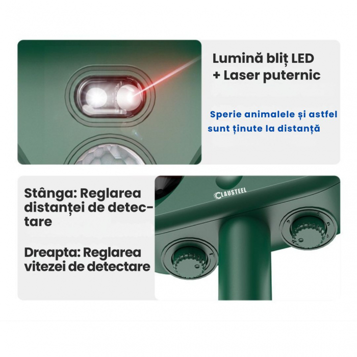 Aparat profesional cu ultrasunete si panou solar CLAUSTEEL 3in1, senzor infrarosu, lumini stroboscopice, anti rozatoare, anti sobolani, dihori, pasari, reptile, caini, pisici, animale salbatice, acope [6]