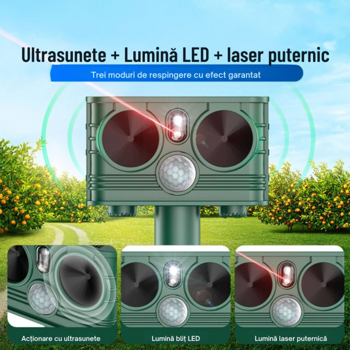 Aparat profesional cu ultrasunete si panou solar CLAUSTEEL 3in1, senzor infrarosu, lumini stroboscopice, anti rozatoare, anti sobolani, dihori, pasari, reptile, caini, pisici, animale salbatice, acope [7]