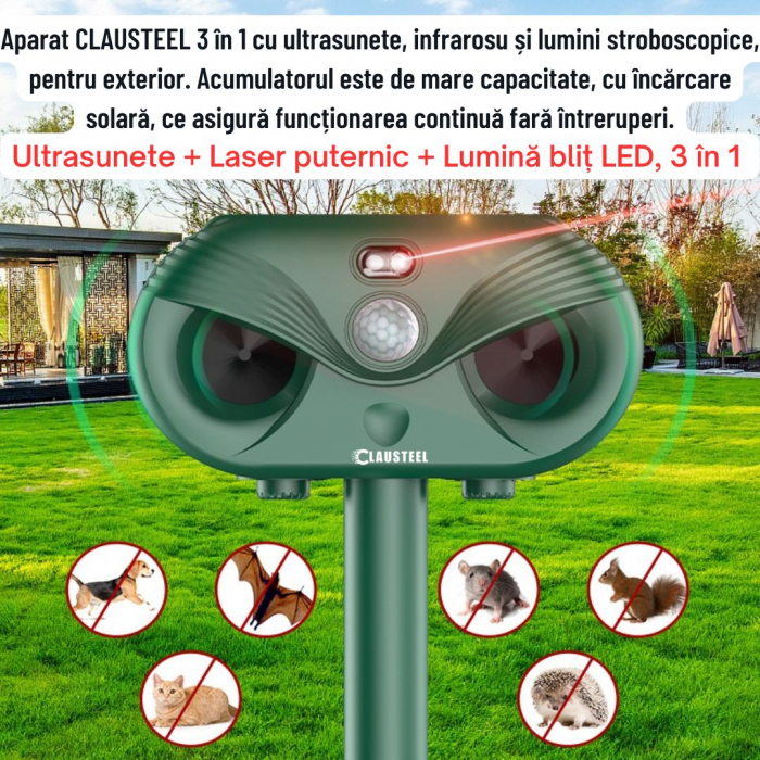 Aparat profesional cu ultrasunete si panou solar CLAUSTEEL 3in1, senzor infrarosu, lumini stroboscopice, anti rozatoare, anti sobolani, dihori, pasari, reptile, caini, pisici, animale salbatice, acope [2]