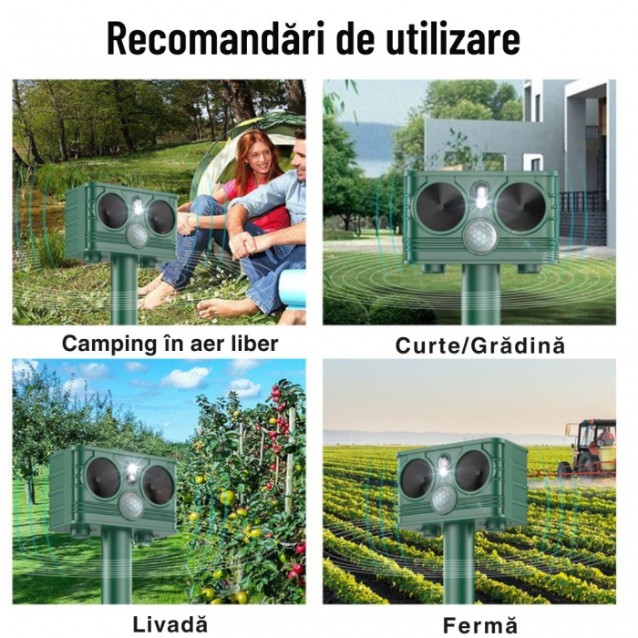 Aparat profesional cu ultrasunete si panou solar CLAUSTEEL 3in1, senzor infrarosu, lumini stroboscopice, anti rozatoare, anti sobolani, dihori, pasari, reptile, caini, pisici, animale salbatice, acope [8]