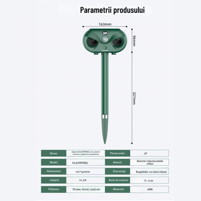 Aparat profesional cu ultrasunete si panou solar CLAUSTEEL 3in1, senzor infrarosu, lumini stroboscopice, anti rozatoare, anti sobolani, dihori, pasari, reptile, caini, pisici, animale salbatice, acope [10]