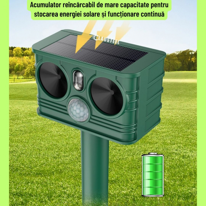 Aparat profesional cu ultrasunete si panou solar CLAUSTEEL 3in1, senzor infrarosu, lumini stroboscopice, anti rozatoare, anti sobolani, dihori, pasari, reptile, caini, pisici, animale salbatice, acope [5]