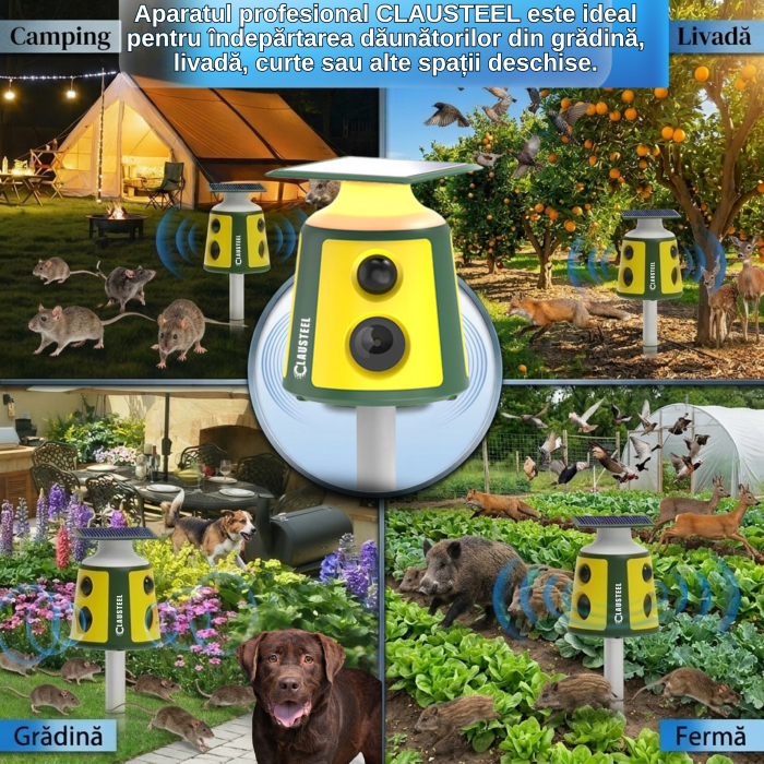 Aparat profesional cu ultrasunete si panou solar CLAUSTEEL 4in1, 3 difuzoare 360°, senzor PIR 360°,  LED-uri tip flacara si alarma sonora, anti rozatoare, sobolani, dihori, pasari, reptile, caini, ani [6]